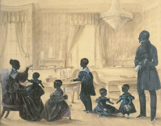 Die Familie Burrell in ihrem Haus in Durham, ca. 1820